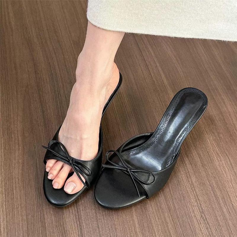 New Style Butterfly-knot Peep Toe Women Slippers Fashion Thin Heels Sandals Casual Party Dress Slide Summer Shoes Zapatos Mujer