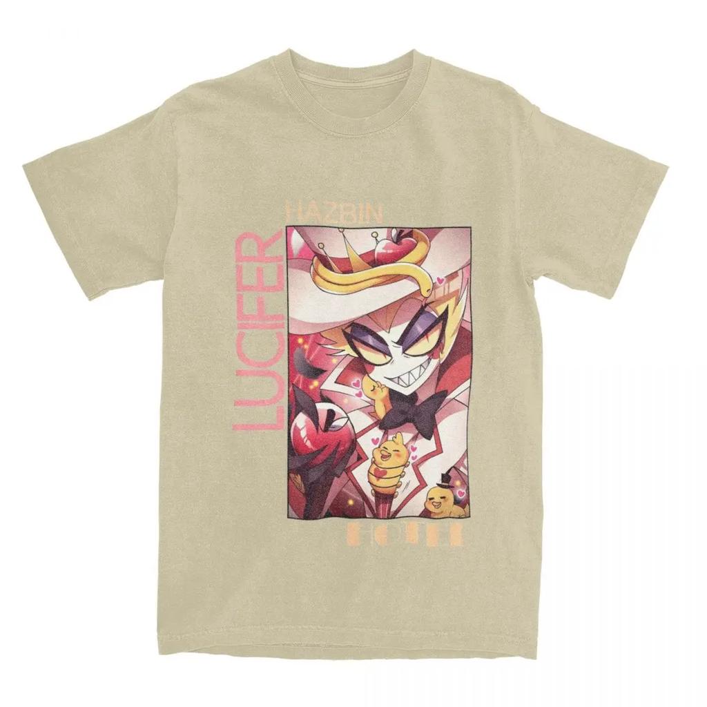 Humorous Hazbins Hotels Lucifer Kawaii T-Shirts Men Crew Neck 100% Cotton T Shirts Short Sleeve Tees Unique Tops