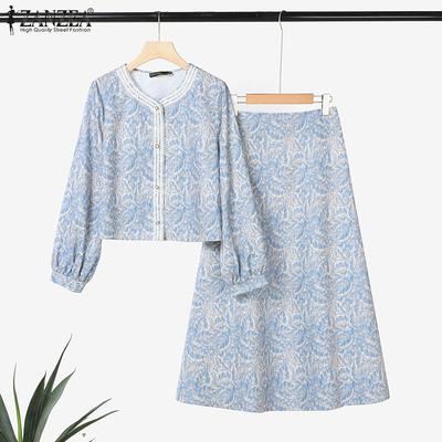 Women Long Sleeve Blouse and Long Skirts Print Casual Two Piece Suit Sets