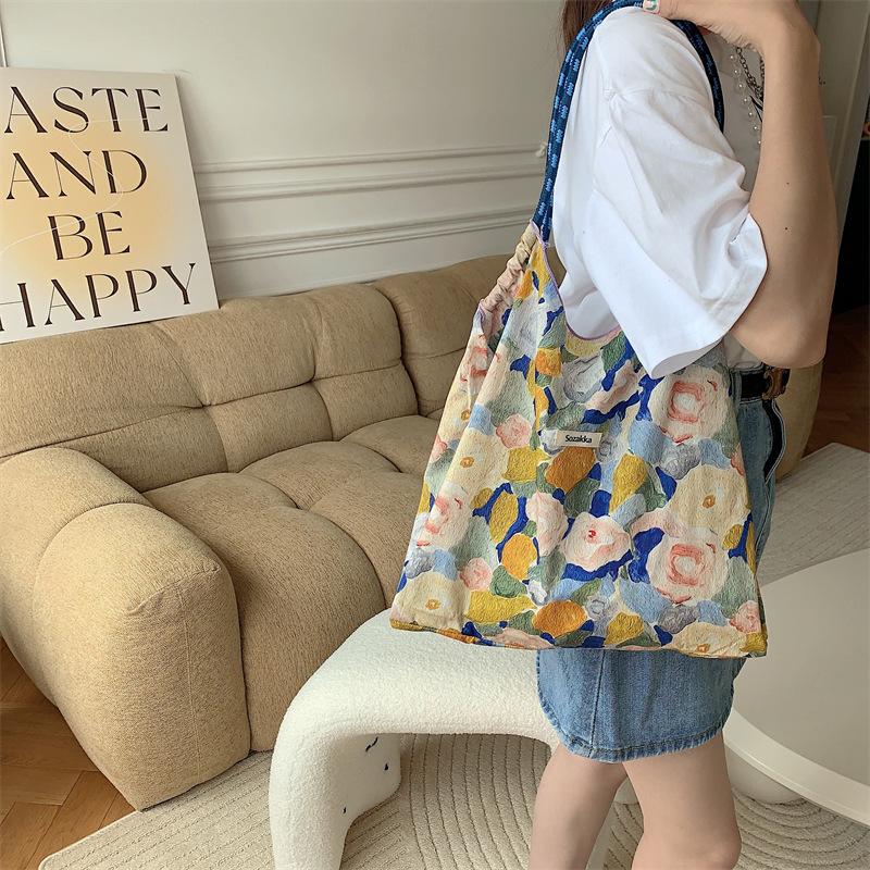 Hanfeng Summer Largecapacity Hand Carry Shoulder Bag Drawstring Shopping Bag Fresh Floral Tote Bag Underarm Bag