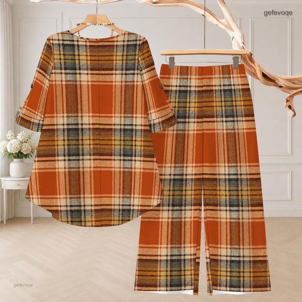 Women Plus Size Printed Round Neck Mid Sleeve High Low Top Wide Leg Pants Two Piece Set