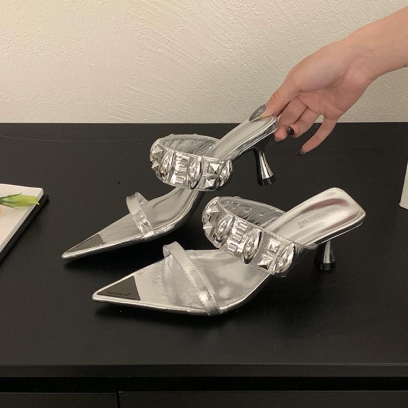 Fashion SUOJIALUN 2025 Summer New Brand Women Slipper Fashion Rivet Pointed Toe Slip On Ladies Slides Thin High Heel Outdoor Dress Sanda