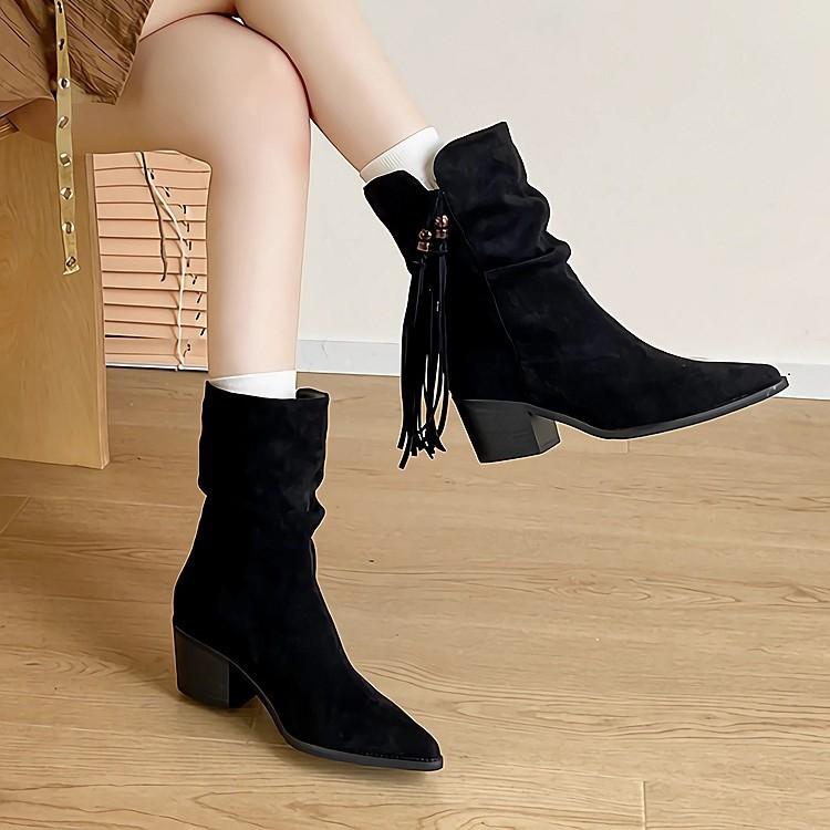 British style pointed high-heeled short boots women's 2025 autumn new thick heel fringed temperament versatile retro fashion single boots