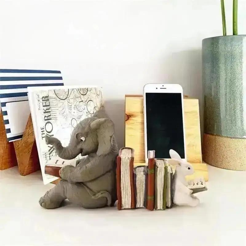 Statua Słonia i Królika Czytających Razem Kreatywne Ozdoby Rękodzielnicze z Żywicy Ozdoby do Dekoracji Ogrodu na Biurko
