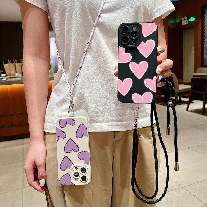 Full Screen Love Heart Lanyard Strap Phone Case For iPhone 15 14 13 12 11 Pro Max X XS XR 7 8 Plus SE  Silicone Soft Cover