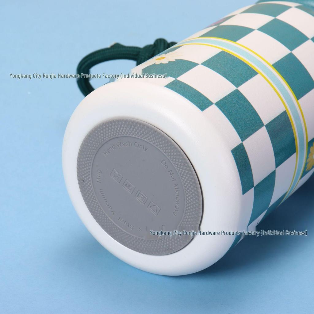 Retro Plaid Stainless Steel Thermos Flask with Portable Rope - Insulated Sip Cup for Students