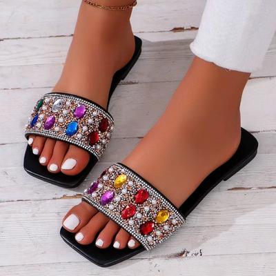 Fashion Women Shoes On Sale 2024 Square Toe Women's Slippers Summer Open Toe Sequin Rhinestones Outdoor Casual Flat Large Size Slippers