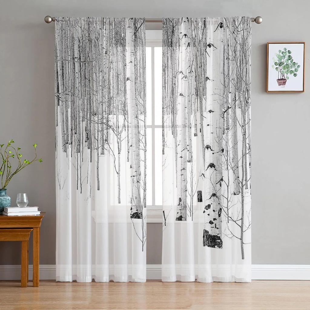 Grau-Weiß Baumäste Transparenter Vorhang für Schlafzimmer Küche Wohnzimmer Tüll Voile Fensterdekoration