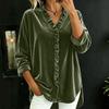 Women's Loose Fit V-Neck Blouse with Button Front and Ruffled Hem Long Sleeve Color Top for Casual Everyday Wear