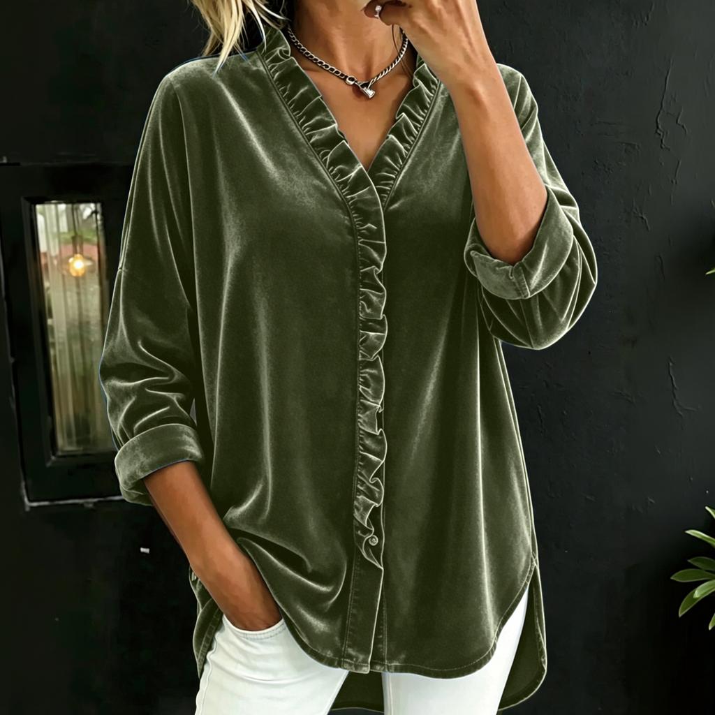 Women's Loose Fit V-Neck Blouse with Button Front and Ruffled Hem Long Sleeve Color Top for Casual Everyday Wear