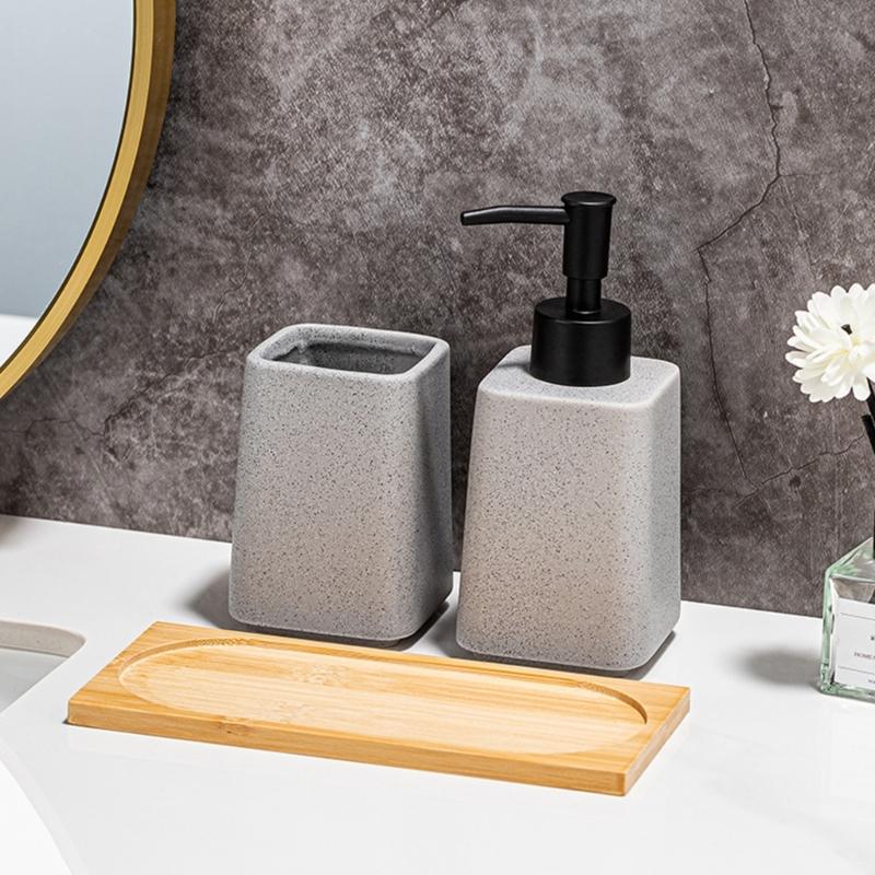 Set of 3 Ceramic Soap Dispenser Set Including Storage Tray and Toothbrush Cup for Bathroom Countertop Decoration
