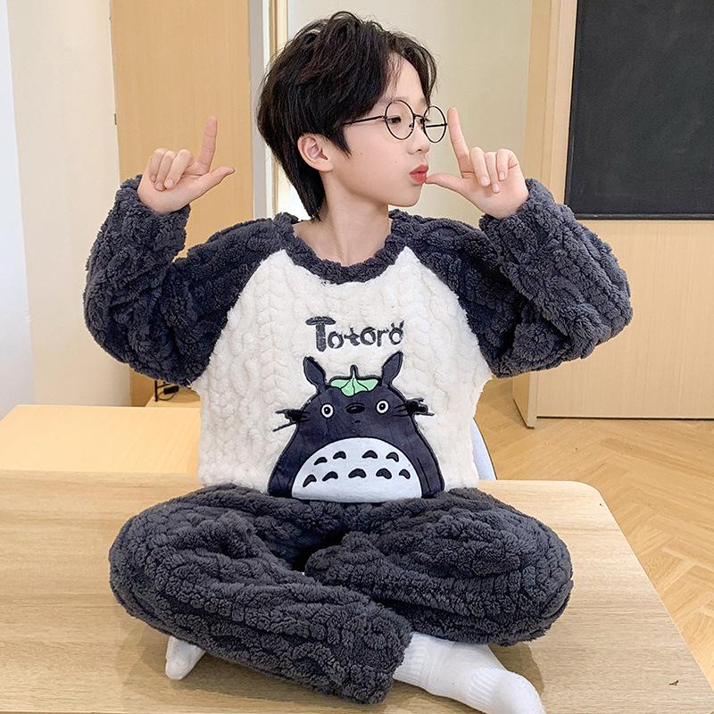 Kids Flannel Pajamas Set Boys Girls Warm Long Sleeve Top And Pants Sleepwear Winter Home Nightwear