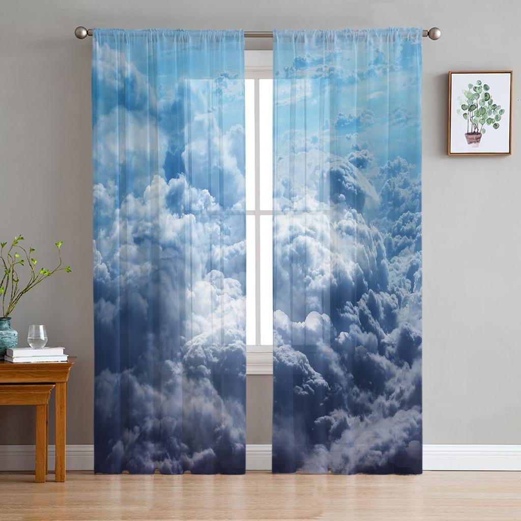 Niebieskie Niebo Białe Chmury Łąka Przezroczyste Zasłony do Salonu Woalowa Zasłona Sypialnia Łazienka Tiulowe Zasłony Dekoracje Okienne