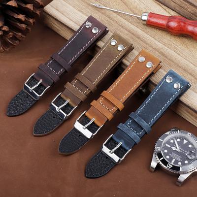 Vintage Leather Rivets Watch Strap 18mm 20mm 22mm Coffee Brown Watchband Stainless Steel Buckle for Men Wrist Belts Bracelet