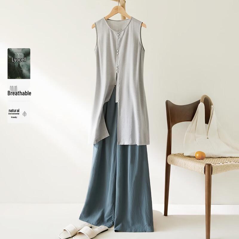 IHIMI Women s Relaxed Linen Shirt & Tencel Wide-Leg Pants Set M