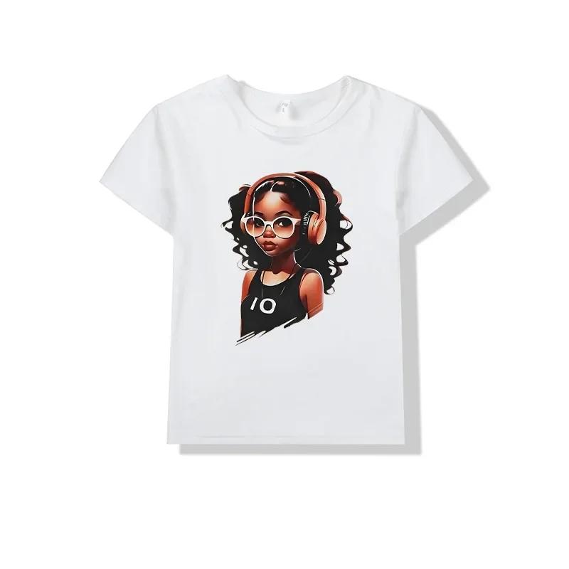 Summer New Girls round Neck Shortsleeved Tshirt Kids Clothes INS Music Cool Girl Pattern Printed Polyester Fabric