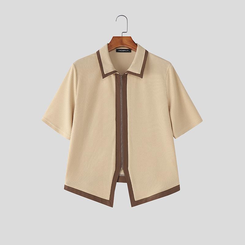 INCERUN Summer Men Short Sleeve Stitching Zip-up Rib Casual Fitted Tops T-shirts M