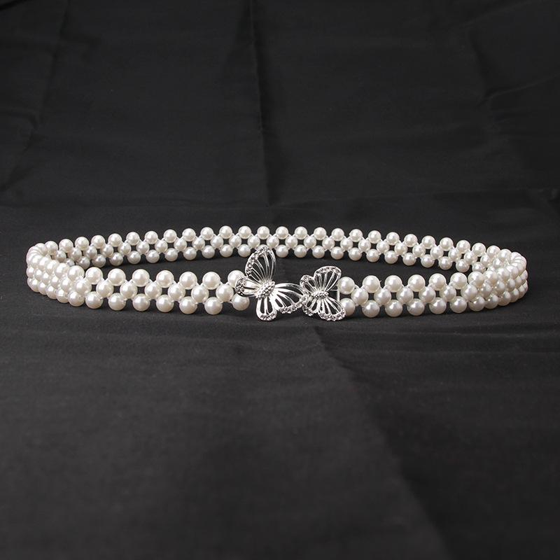 "Women's Fashion Pearl Rhinestone Elastic Waist Belt"