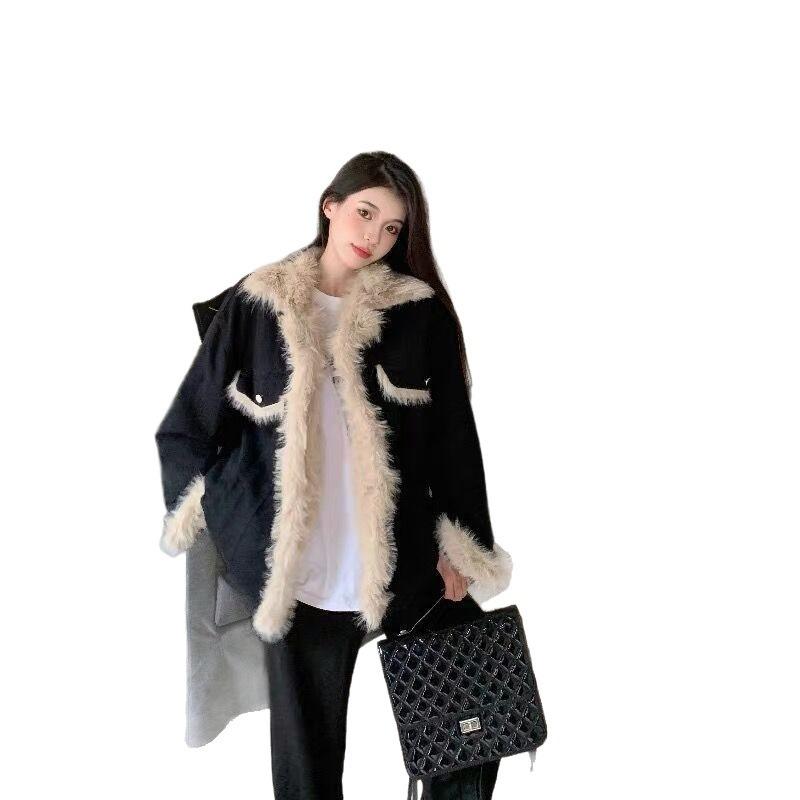 Padded High-end Denim Jacket Women's Imitation Lamb Wool Splicing Medium and Long Cotton-padded Clothing Age-reducing Thickened Thermal Top Winter