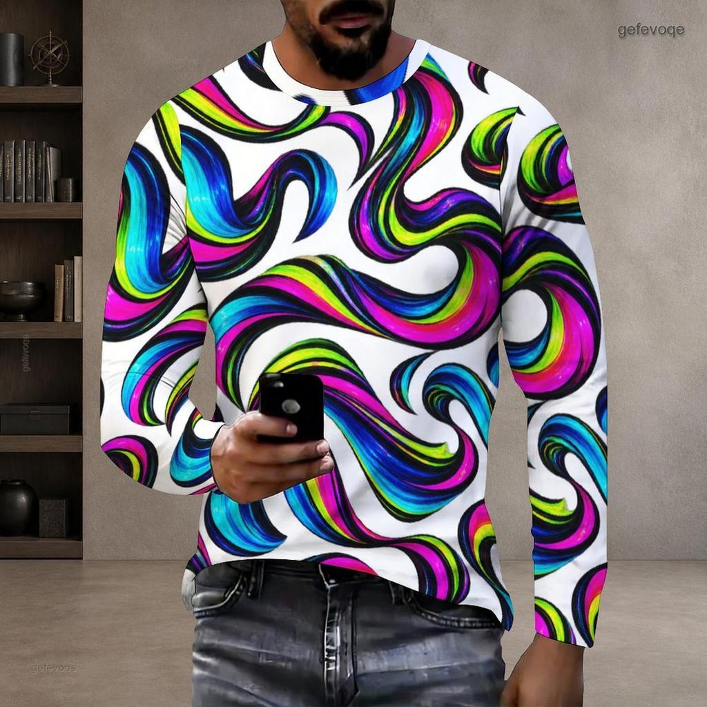 Herren Plus Size Rundhals Langarm Bedrucktes T-Shirt Weiß Lila Blau Pullover