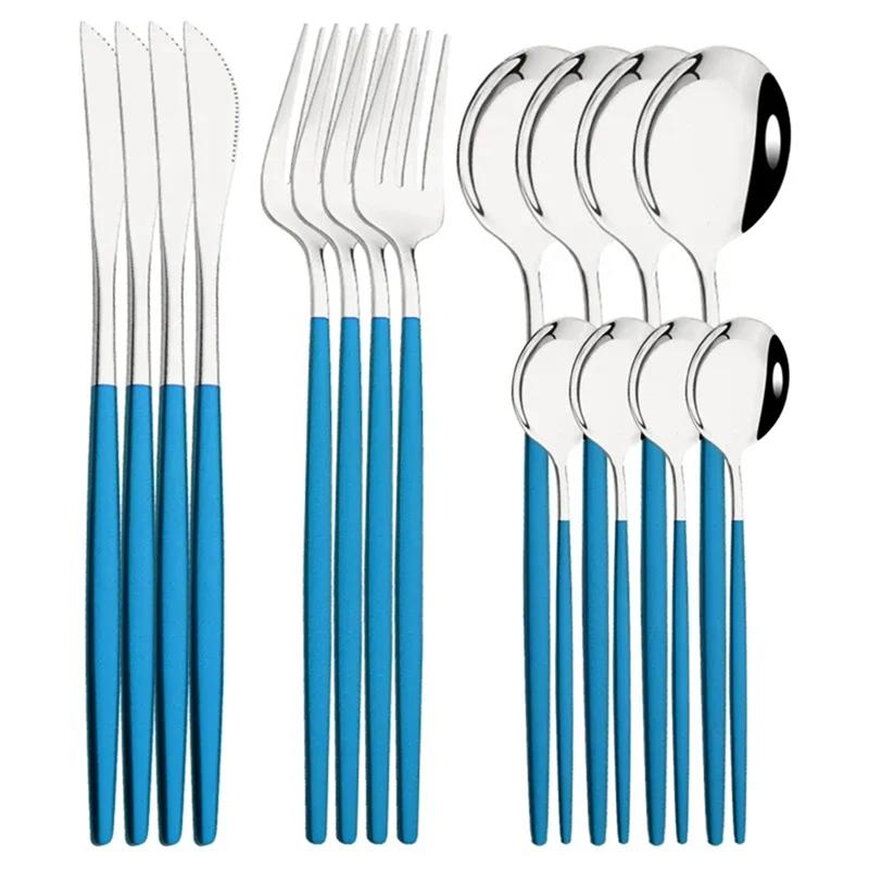 

A25F-Blue Silver 16-Piece Dinnerware Stainless Steel Cutlery Set Knife Tea Spoon Dinner Flatware Kitchen Silverware