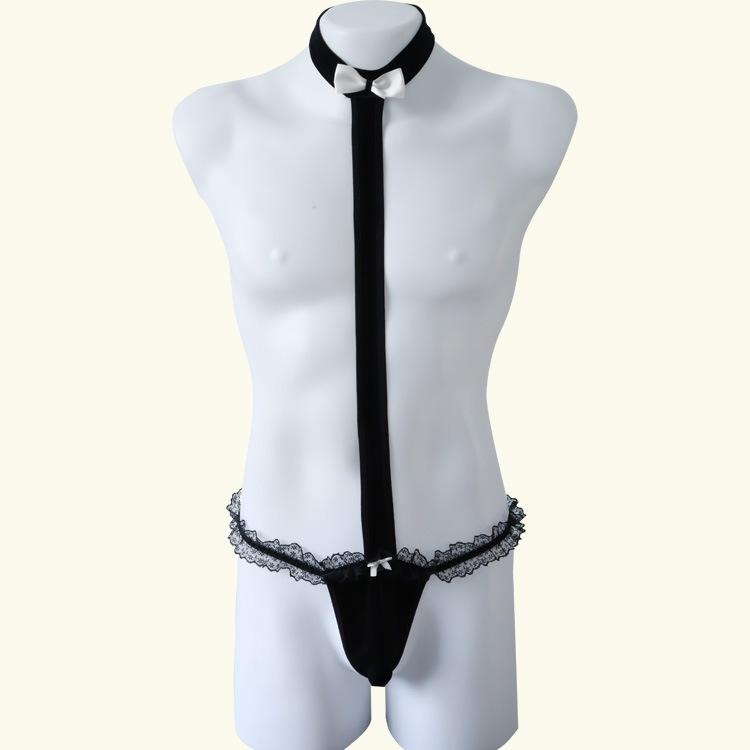 Men Sexy Thong Jumpsuit Lace Trim Bow Detail Camisole for Muscular Men Intimate Wear