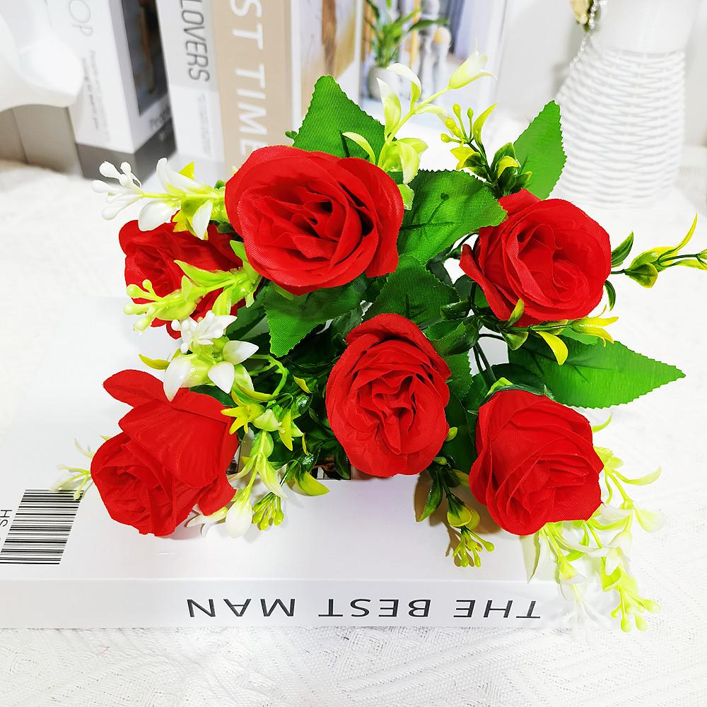Curly Edge Red Rose Bouquet - 6 Head Artificial Silk Flowers for Living Room Decoration