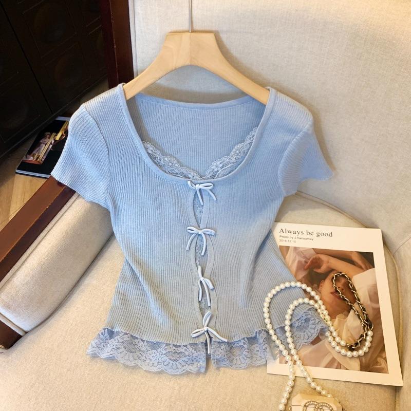 

Справжнє мереживо підробка під дві частини з коротким рукавом жіноча літня з відчуттям дизайну бант порожнистий обтислий короткий топ L синій