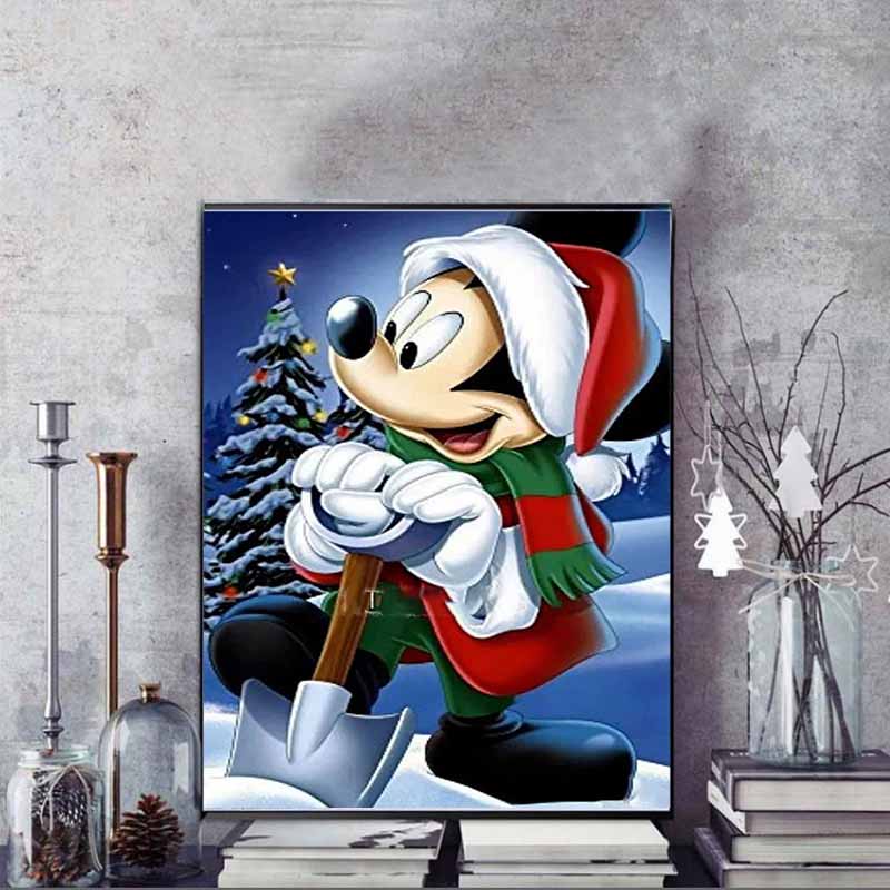 Disney Diamond Painting Mickey Mouse Christmas Snow Shoveling Healing Illustration, 5D Diamond Painting Art Embroidery Cross Stitch Room Decoration