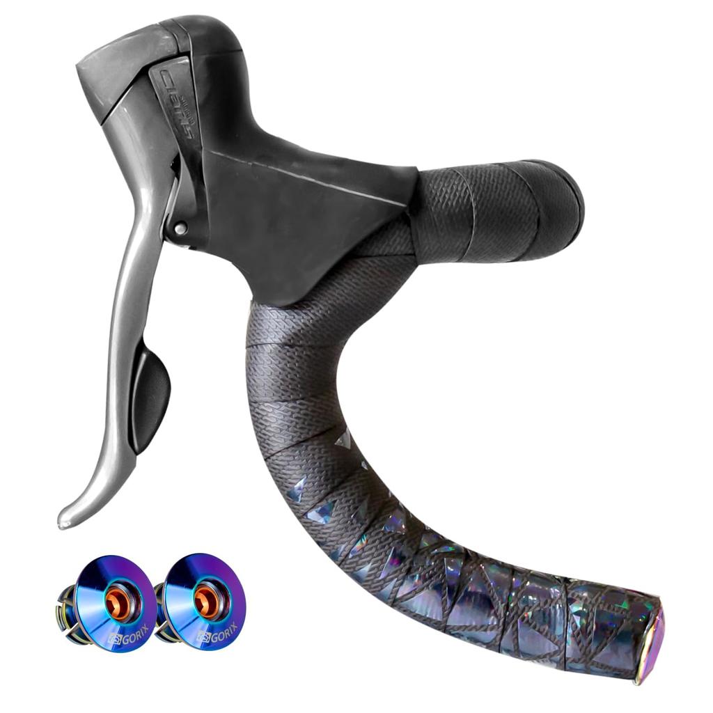 GORIX Bar Tape for Road Bikes, Black, Stylish, with Screw-On End Caps, Oil Slick Handlebar Tape, Shock Absorption, Grip, and Customization (Gwabi)