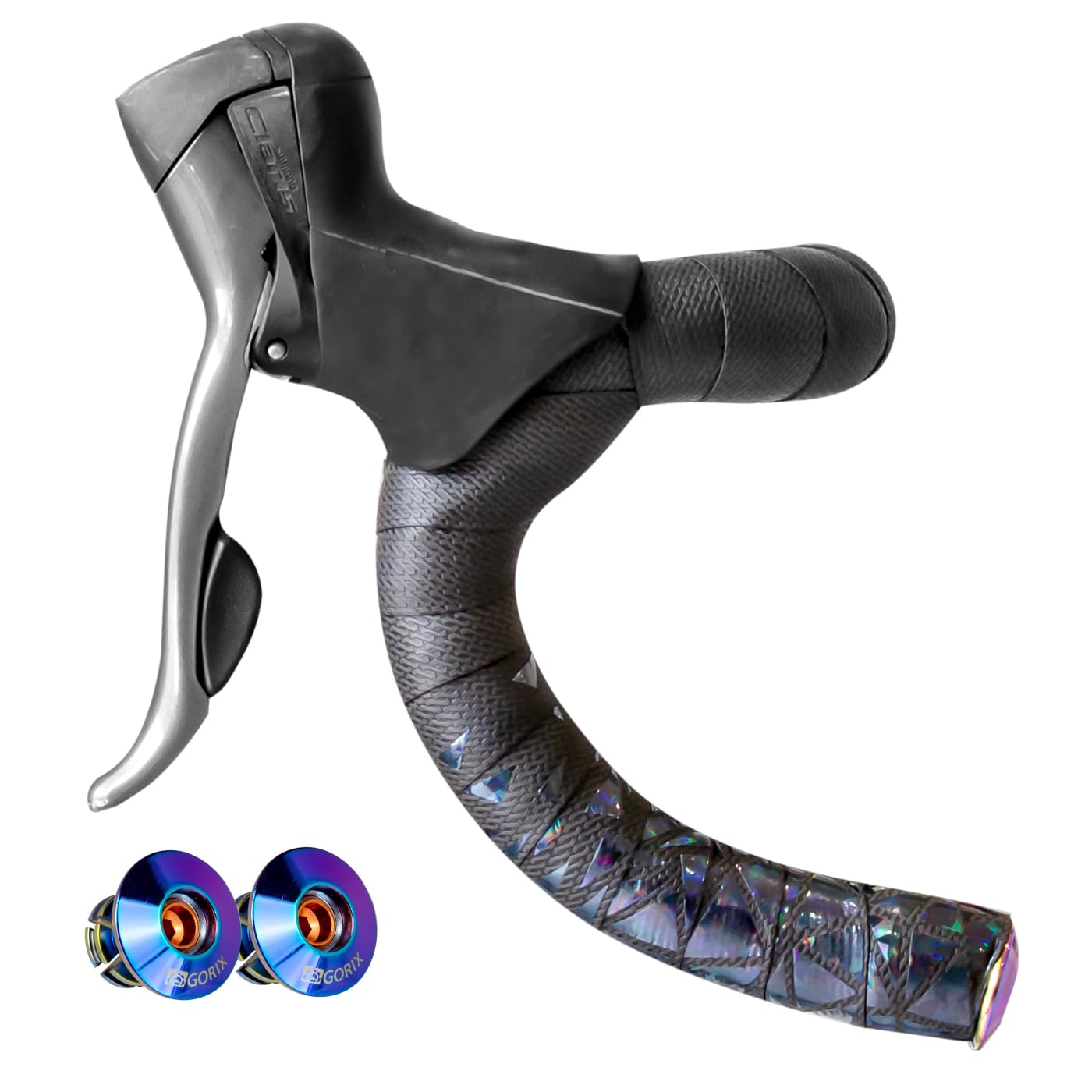

GORIX Bar Tape for Road Bikes, Black, Stylish, with Screw-On End Caps, Oil Slick Handlebar Tape, Shock Absorption, Grip, and Customization (Gwabi)