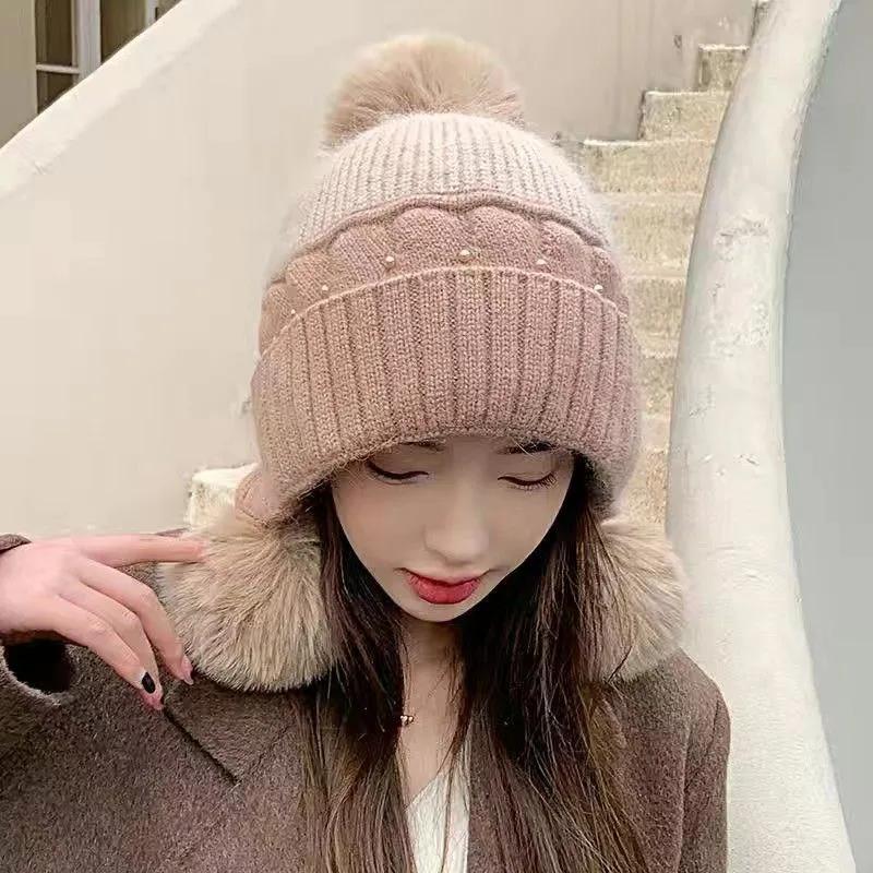 WTEMPO Large Size Windproof Cold-proof Stretchy Warm Knitted Hats with Faux Fur Balls Women Autumn Winter Casual Versatile Ear Protection Woolen Hats