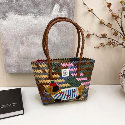 Large Capacity Tote Bag Dachshund Dog Handwoven Vegetable Basket Handbag Sundries Small Handbag Picnic Handbag
