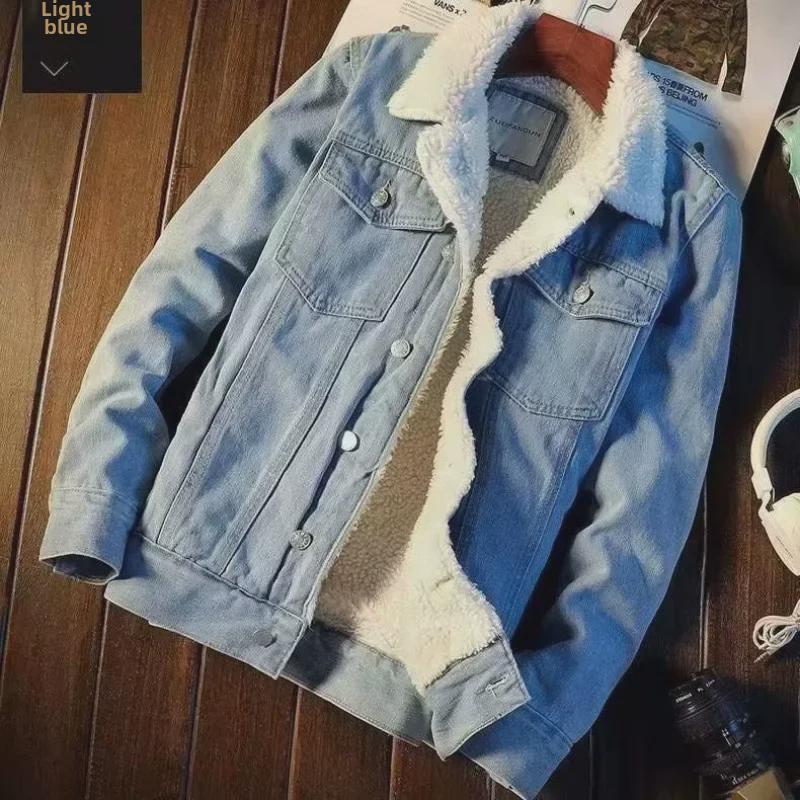Men's Trendy American Retro Velvet-Lined Denim Workwear Jacket