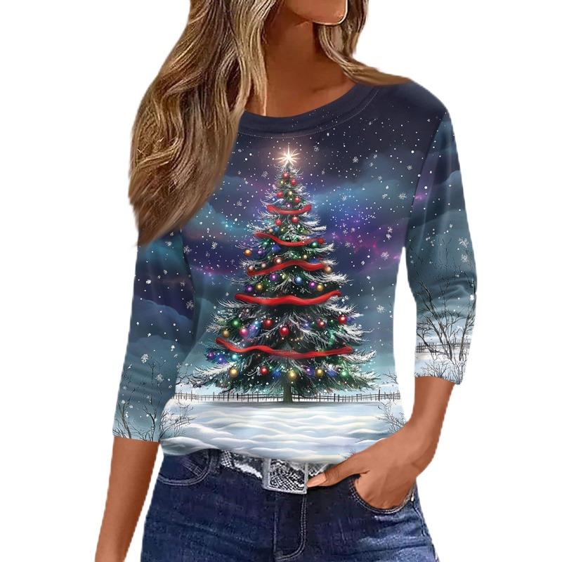 Women's 3D Snowman Printed Christmas Theme Round Neck Long Sleeve T-shirt Casual Comfortable Polyester Christmas Party Pullover