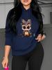 Women's autumn and winter casual loose warm personalized cat pattern printed suede long sleeved hooded sweatshirt