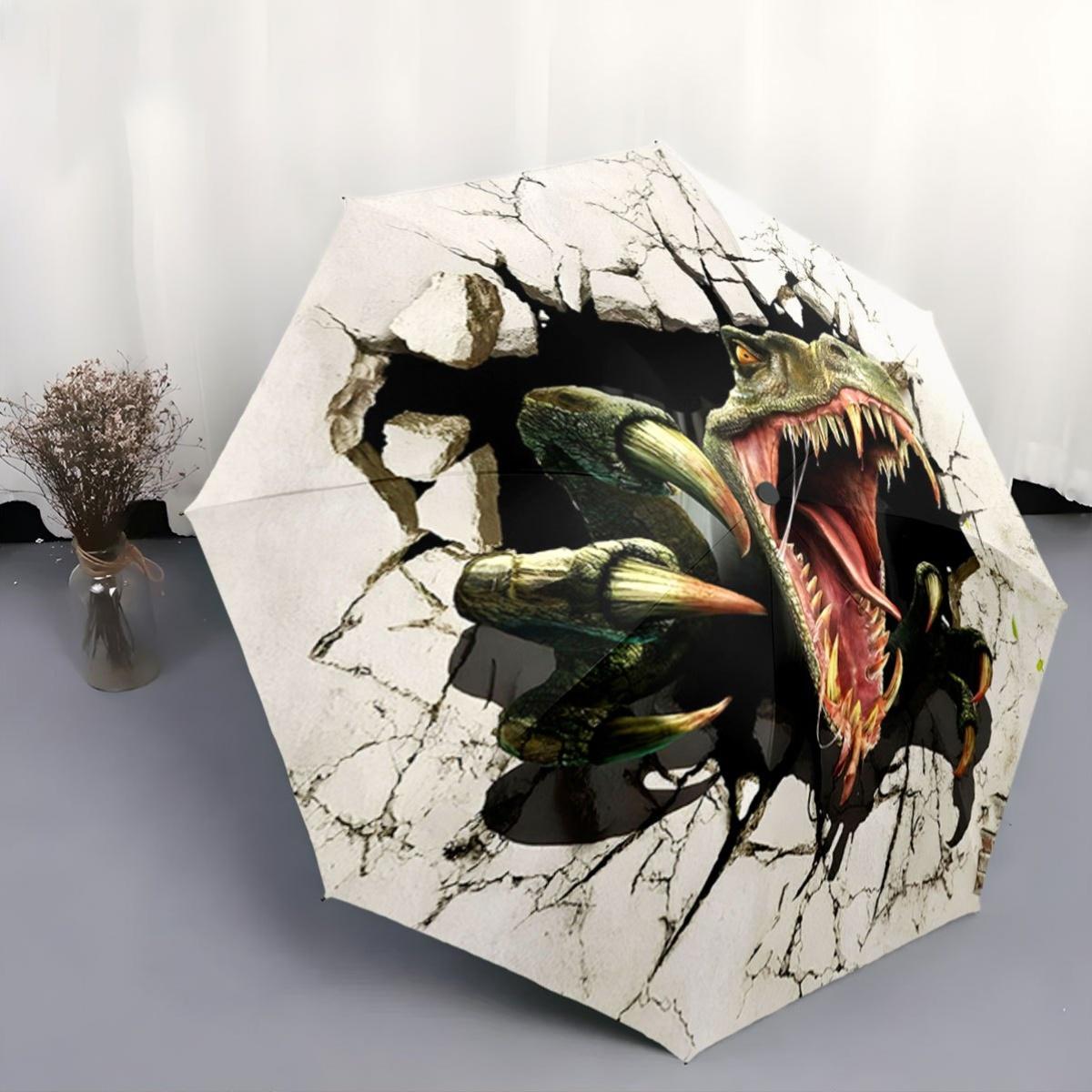 

Automatic Folding Umbrella - Dinosaur Breaking Through Cracked Concrete Design, Portable Collapsible 8-Rib Umbrella for All Se
