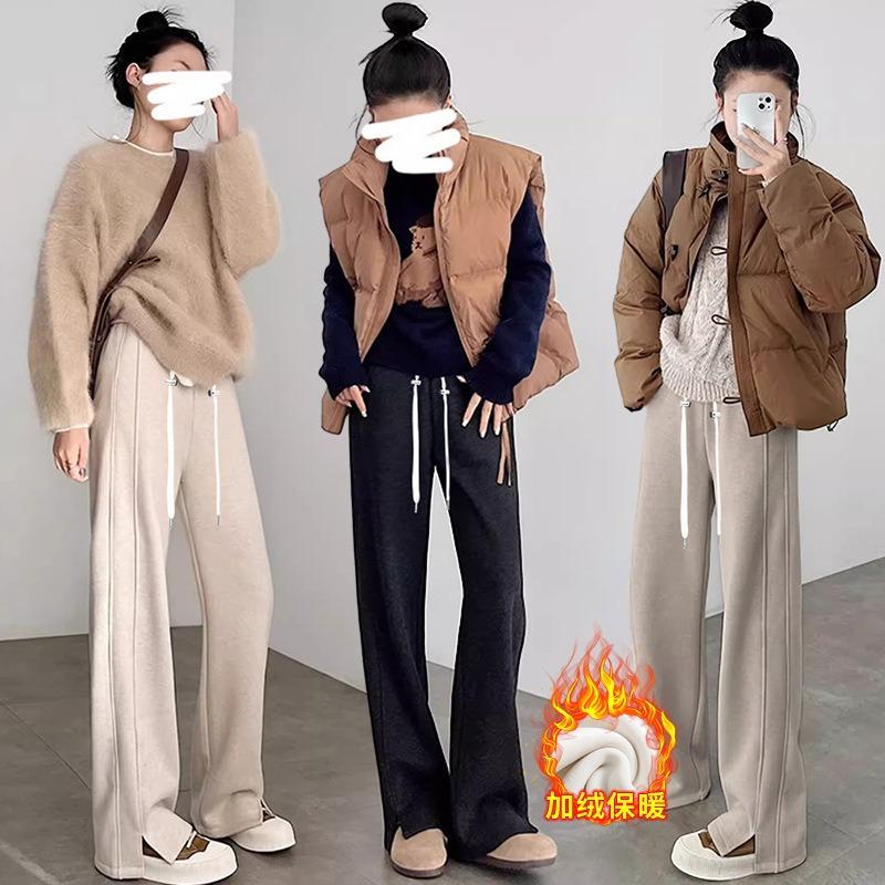 3 maternity pants cashmere drawstring straight-leg pants herringbone casual pants outer wear fleece thickened wide-leg pants
