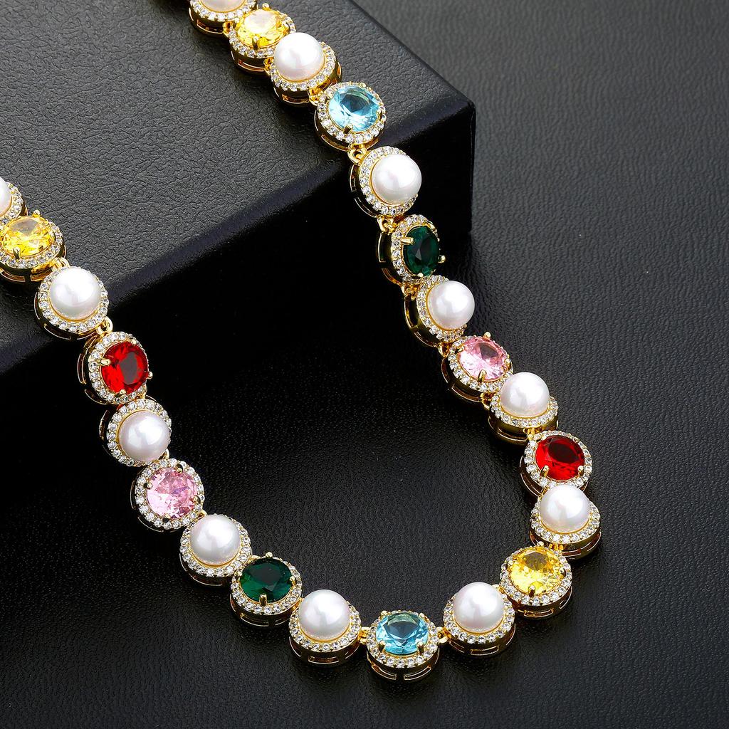 Stylish Colorful Square Rock Sugar Chain 10Mm Full Of Sparkling Zircon Pearl Bracelet Hip Hop Necklace