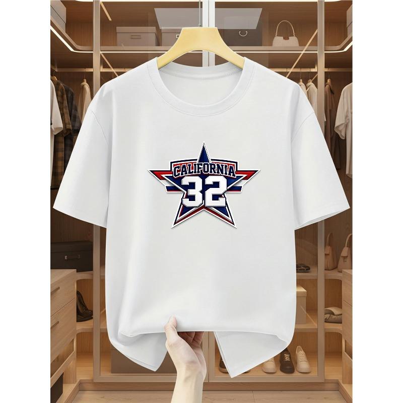 Plus Size Men'S T-Shirt 100% with California 32 Star Print Comfortable Casual Short-Sleeved T-Shirt for Summer