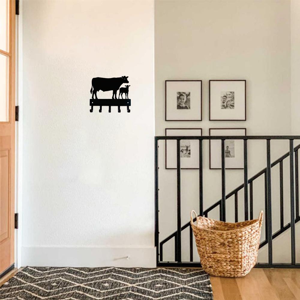 1pc Cow and Calf Cattle Farm Key Rack Holder - Small 6 Inch Wide Metal Wall Art Wall-mounted Hooks Key Holder Coat Rack