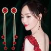 Fashion Atmospheric Red Velvet Bow Earrings Femininity Sweet Flower Long Fringed Versatile Earrings