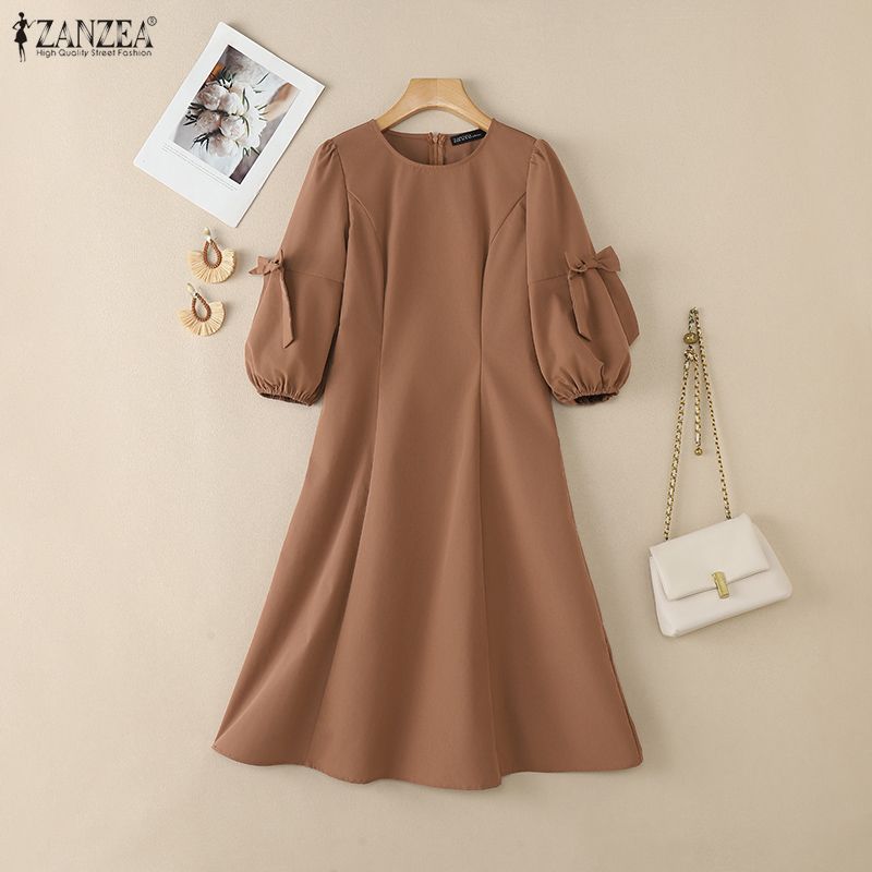 ZANZEA Women Daily Casual Round Neck 3/4 Sleeve Elegant Dress