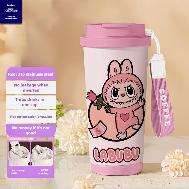 Tecknad Rostfri Stålkopp Högvärdig Termosmugg 3D Dubbel Drickstrå Kaffekopp