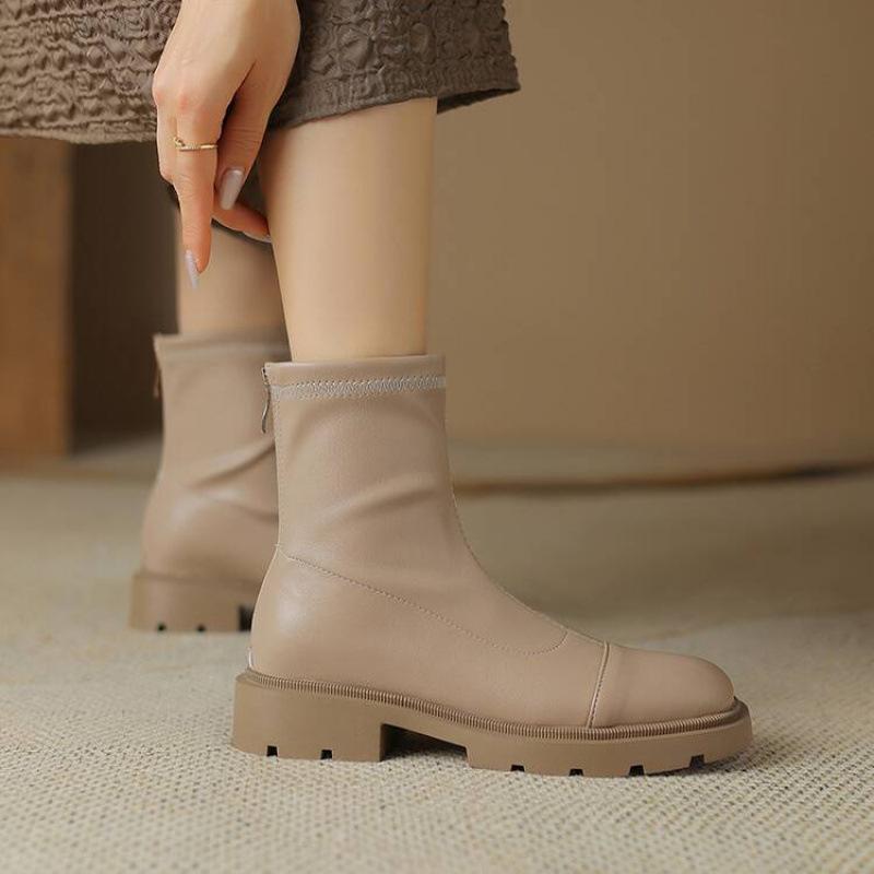 Autumn and Winter Round Head Women's Fashion Boots Medium Heel Large Size Back Zipper Women's Boots Square Heel Comfortable Platform Medium Boot