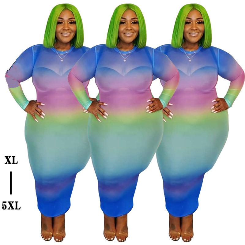 Plus Size Colorful Tie Dye Bandage Dress Women Long Sleeve Mesh Transparent Sexy Club Party Dresses