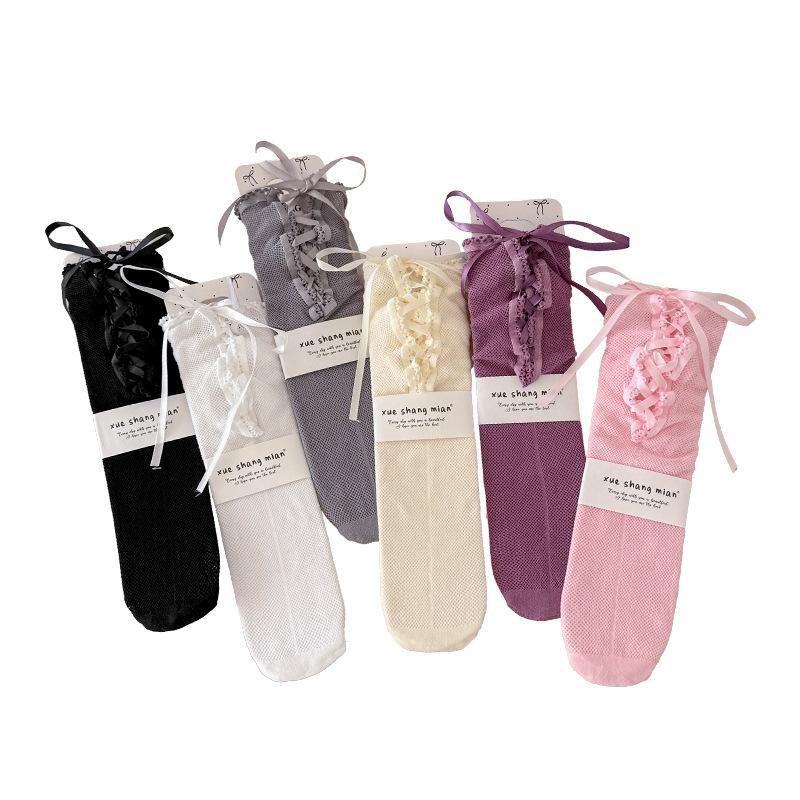 Girls Spring and Summer Lace Calf Socks Lolita Lace-up Bow Pink Girl Baby Pile Socks