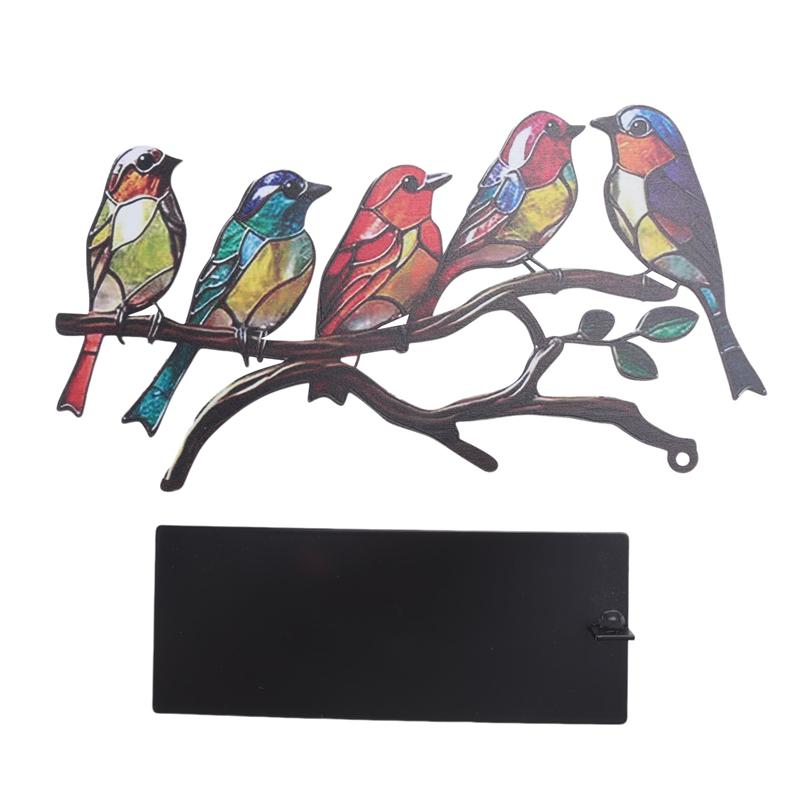 AEE2-Bunte Vögel auf Ast Schreibtischornamente, Mehrfarbiges Vogel-Buntglas-Metall-Schreibtischornament, Buntglas-Eisen-Ornament 28 X 8 X 15Cm