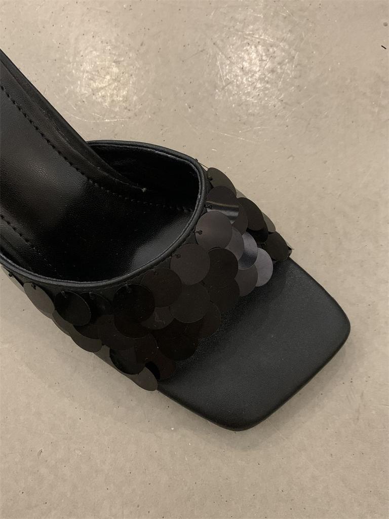 2024 Summer Niche High Feeling Cool Slippers Outer Wear Fine Heel One Sequins High Heel Sandals Shoes Women's Shoes