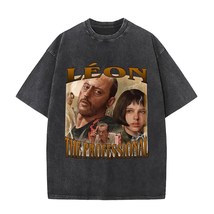 Vintage Washed Leon The Professional Movie Actors T Shirts Men Women's Pop Fashion Cotton Short Sleeve T-shirt Gothic